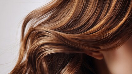 Fototapeta premium Beautiful model girl with Brown hair strand,silky healthy chestnut wavy hair strand,hair wavy ribbon, with smooth,Keratin straightening,Treatment,straight long hair,procedures,Smooth hairstyle.