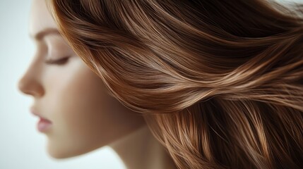 Fototapeta premium Beautiful model girl with Brown hair strand,silky healthy chestnut wavy hair strand,hair wavy ribbon, with smooth,Keratin straightening,Treatment,straight long hair,procedures,Smooth hairstyle.