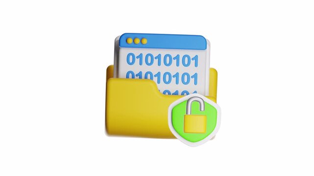3d ux icon motion secure data folder with binary code inside, suitable for cybersecurity concepts, data protection, technology, and digital security design projects.