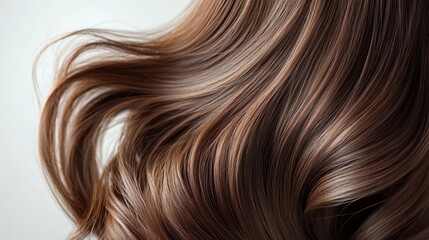 Fototapeta premium Beautiful model girl with Brown hair strand,silky healthy chestnut wavy hair strand,hair wavy ribbon, with smooth,Keratin straightening,Treatment,straight long hair,procedures,Smooth hairstyle.