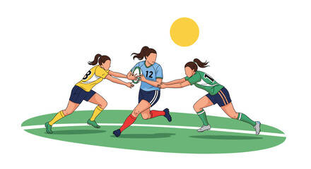 Naklejka premium Dynamic action shot of three female athletes playing rugby on a green field under a bright sun outdoors.