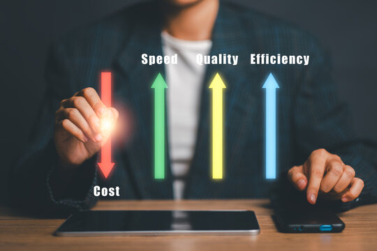 Business professional evaluating key performance indicators using digital devices, highlighting cost, speed, quality, and efficiency.