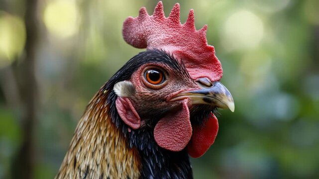 Close-up of a rooster with vibrant colors and textures on its feathers.