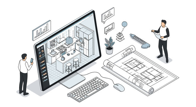 Professional designers using a large computer screen and architectural blueprints to create a modern kitchen layout.