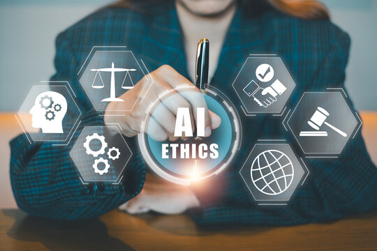 Businessperson engaging with AI ethics interface, symbolizing technology and legal balance in modern business.