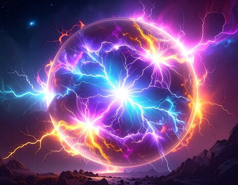 A vibrant, glowing sphere emits colorful lightning against a starry night sky