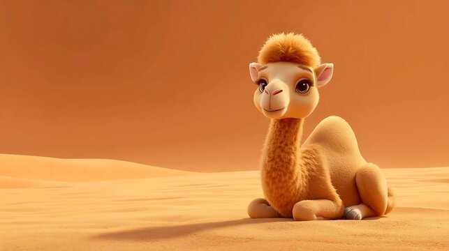 3D stylized cute sitting camel gracefully in desert sand