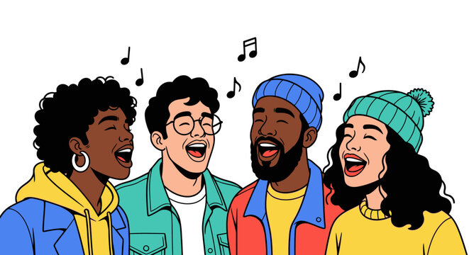 Diverse group of people singing joyfully with musical notes overhead