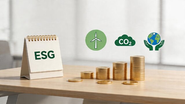 ESG concept sustainability investing growth golden coin stacks increasing environmental responsibility icon wind energy symbol CO2 emission reduction graphic hands protecting
