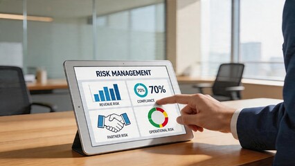 Fototapeta premium Business man analyzing risk management dashboard on digital tablet in modern corporate office with compliance and operational metrics