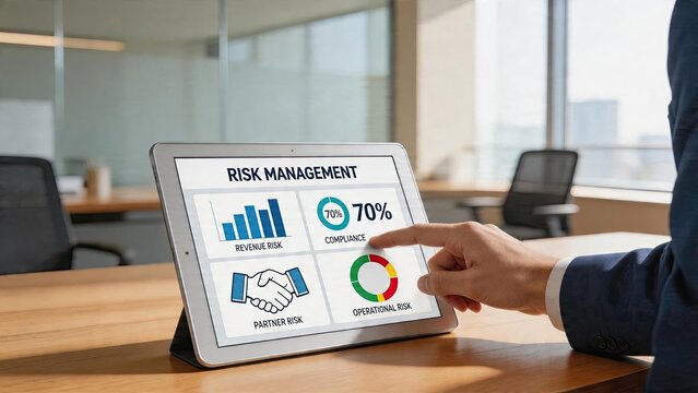 Business man analyzing risk management dashboard on digital tablet in modern corporate office with compliance and operational metrics