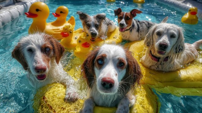 Adorable Dogs Enjoying a Fun Swim with Bright Yellow Duck Floats