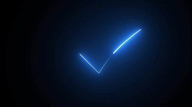 Blue Neon Check Mark Inside Circle Glowing on animation Black Background tick symbol. check mark, tick mark. Neon tick mark icon