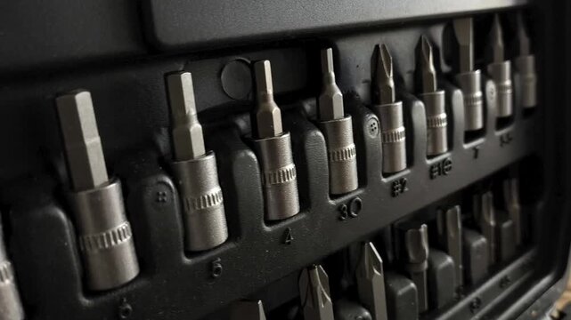 Metal ratchet attachments in a close-up of the tool case. Car repair shop. Repair tools