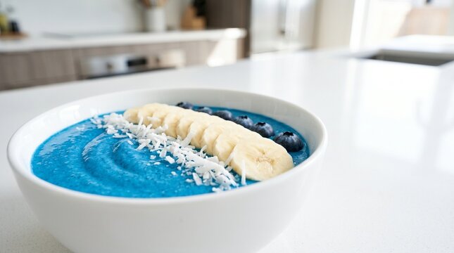 Blue spirulina smoothie bowl with banana and blueberries on kitchen counter.
