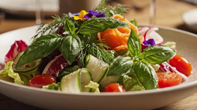 Close-up of a fresh, vibrant salad with mixed greens, cherry tomatoes, cucumbers, basil, and edible flowers, served in a white bowl on a wooden table, perfect for a healthy meal or appetizer.