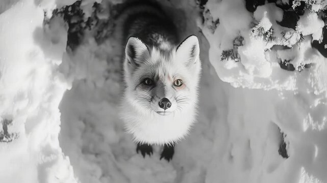 A white and silver fox surrounded by snow
