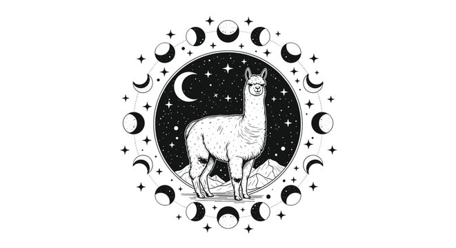 Intricate celestial illustration of a white alpaca standing in front of mountains surrounded by lunar moon phases.