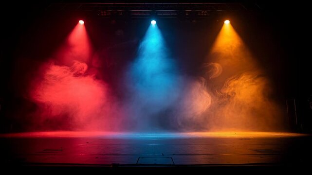 Empty stage with colorful red blue and orange spotlights and smoke effects for theatrical performance