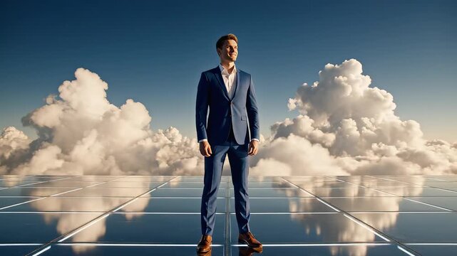 Man in suit standing on reflective surface ideal for sleek commercial backgrounds and title sequences