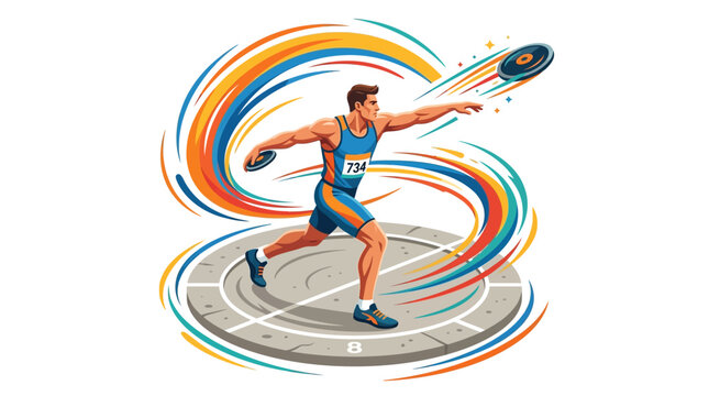 Dynamic vector art for World Athletics Day features a muscular male character throwing a discus against a swirling background of vibrant colors, showcasing the energy of the event