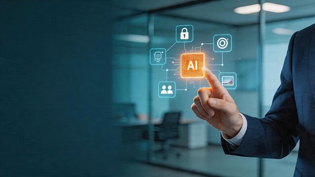 Businessman interacting with digital artificial intelligence technology interface smart network data security computer vision automation machine learning icons in modern office