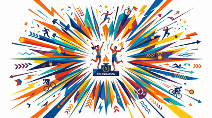 Fototapeta premium An energetic vector illustration celebrates World Athletics Day with stylized characters running, jumping, and cycling amidst a burst of colorful shapes and arrows, conveying a dynamic