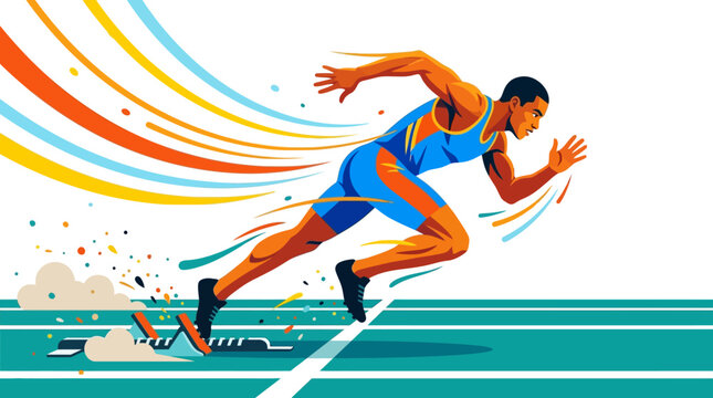 Dynamic illustration of a sprinter exploding off the starting block during a World Athletics Day event, rendered in vibrant colors with a stylized vector design that conveys speed and power