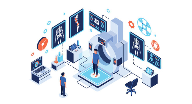 Isometric medical center interior featuring an MRI machine, doctors, and digital screens showing human bone scans.