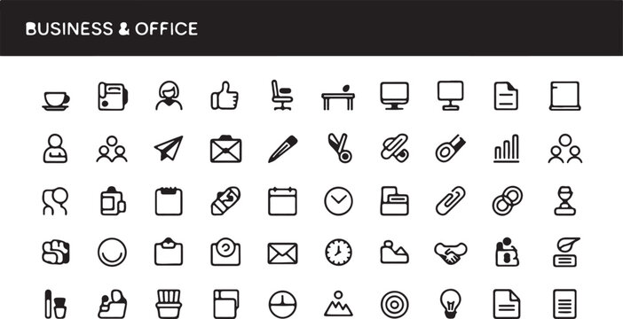 A diverse collection of 40 minimalist icons representing various business and office concepts for digital and print design applications
