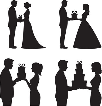 Couple exchanging gift box silhouette representing wedding anniversary celebration