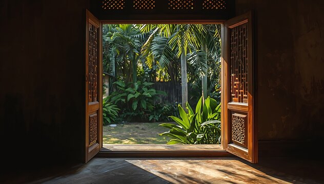 View through traditional carved wooden window to lush green tropical garden