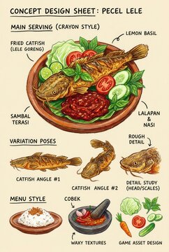 Concept Design Sheet of Pecel Lele - A Delicious Indonesian Dish.