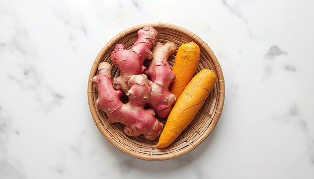 Minimalist aesthetic shot of fresh red ginger and carrots on a bamboo tray
