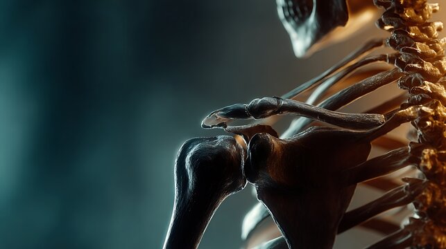 Detailed 3D render of human shoulder joint anatomy with bones and ribs in warm lighting on dark ba