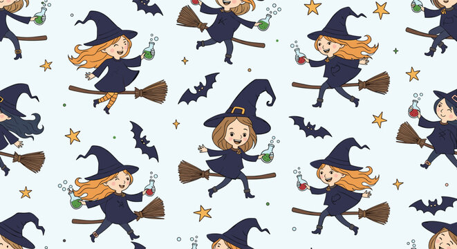 Seamless pattern with cute little witches flying on broomsticks with magic potions, bats, and stars for halloween holiday.