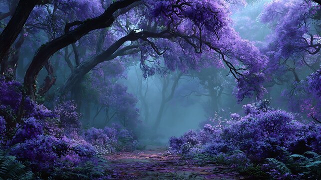 Enchanted forest path covered in fallen purple petals with blooming trees and gentle fog. magical