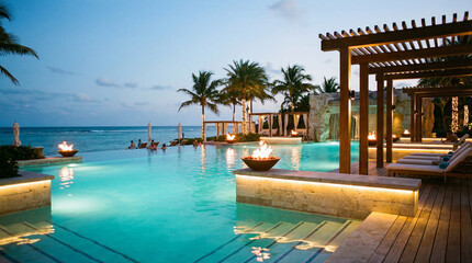 Fototapeta premium Resort Style Pool with Crystalline Water Luxury Stone and Wood Elements Combined Together