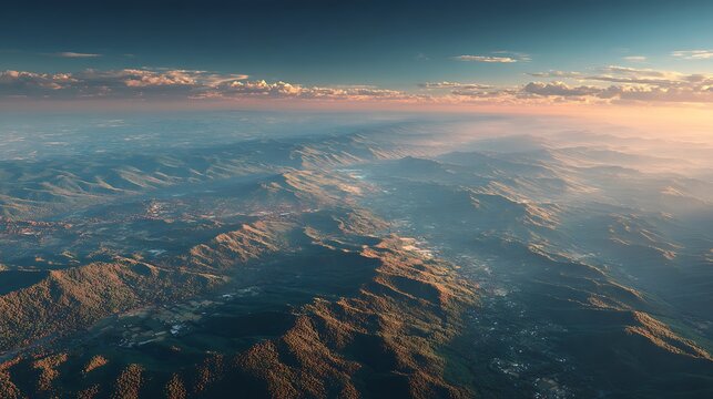 Aerial view of rolling mountains and valleys at sunrise. casting long shadows with warm golden lig