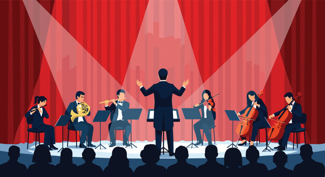 Symphony orchestra with classical musicians and conductor performing on theater stage under spotlights for audience.