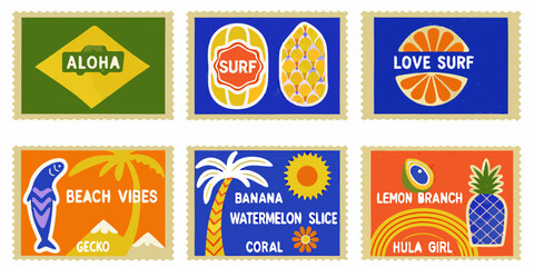 collection of colorful retro travel stamp icons with tropical themes © Ajay