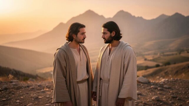 Two men in traditional robes standing outdoors with mountains and sunset in the background