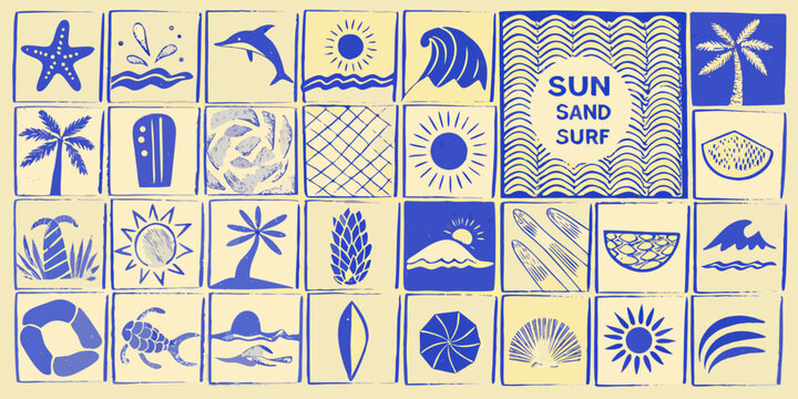 Blue and cream ocean themed tile pattern with marine life