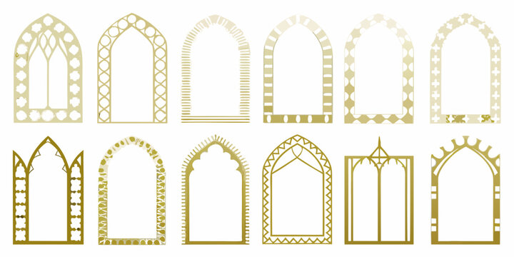 Gothic arch collection ornate window frames golden vector illustration