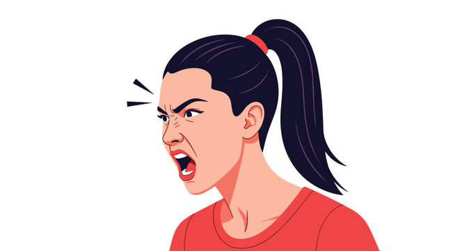 Expressive portrait of a young woman screaming in anger with an open mouth and frustrated facial expression on a plain white background.