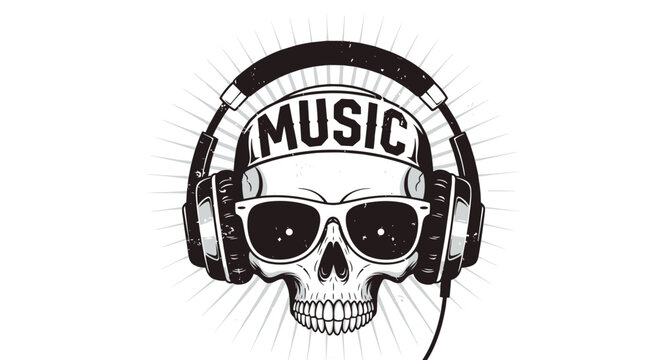 Stylized skull character wearing headphones, sunglasses, and baseball cap for modern music and dj culture concept.