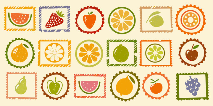 Fruit stamps collection colorful vector illustration with beige background