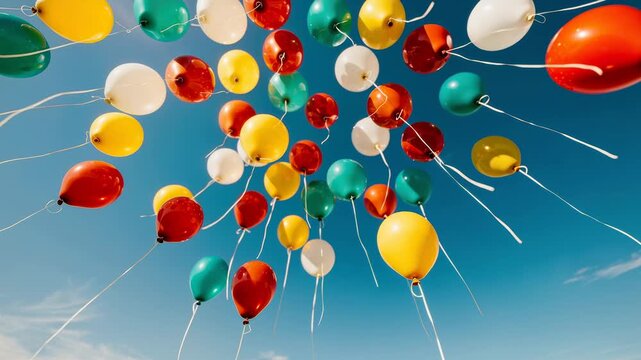 Colorful balloons floating up in bright clear blue sky during outdoor celebration or party