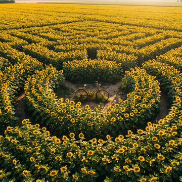 Aerial View Of Maze Carved Through Towering Sunflower Fields With Vintage Biplane Flying Overhead