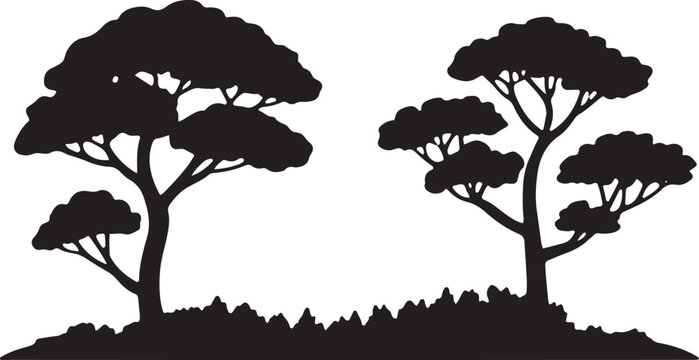 Savanna trees silhouette with spreading canopy and rugged ground texture for wild nature design